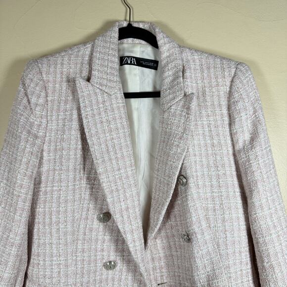 Zara Light Pink Tweed Textured Double Breasted Blazer sz XL - Picture 2 of 10